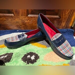 Tommy Hilfiger Navy Leather Loafers with Multicolor Houndstooth Vamp